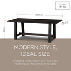 Rectangular Solid Wood Dining Table in Weathered Black Finish 78.75 Inches
