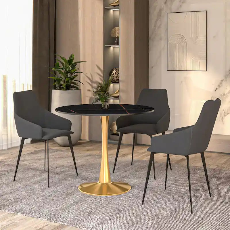 31 Round Dining Table for 4 with Sintered Stone Tabletop in Gold Steel Base for Kitchen & Dining Room