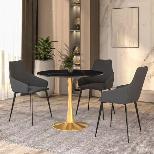 31 Round Dining Table for 4 with Sintered Stone Tabletop in Gold Steel Base for Kitchen & Dining Room
