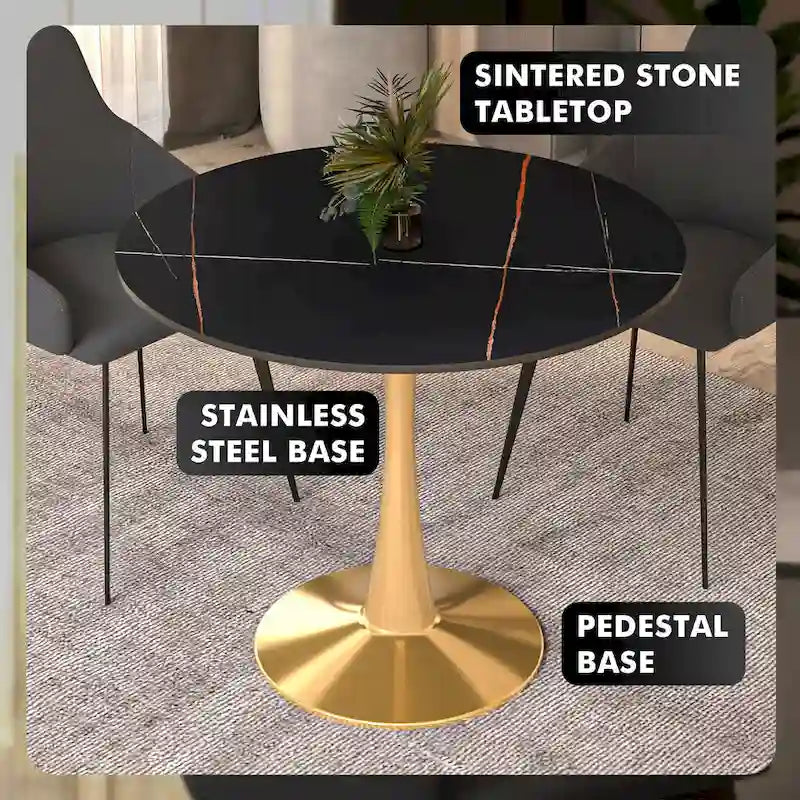 31 Round Dining Table for 4 with Sintered Stone Tabletop in Gold Steel Base for Kitchen & Dining Room