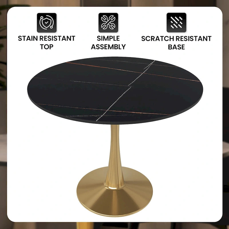 31 Round Dining Table for 4 with Sintered Stone Tabletop in Gold Steel Base for Kitchen & Dining Room