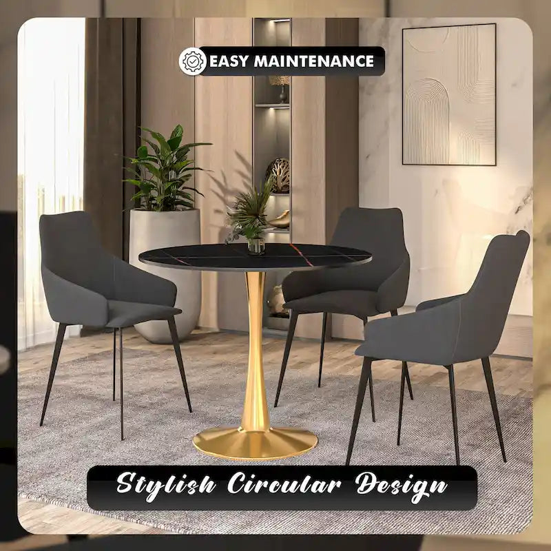 31 Round Dining Table for 4 with Sintered Stone Tabletop in Gold Steel Base for Kitchen & Dining Room