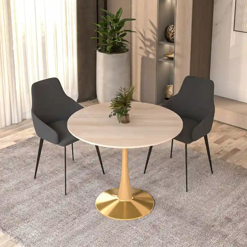 31 Round Dining Table for 4 with Sintered Stone Tabletop in Gold Steel Base for Kitchen & Dining Room