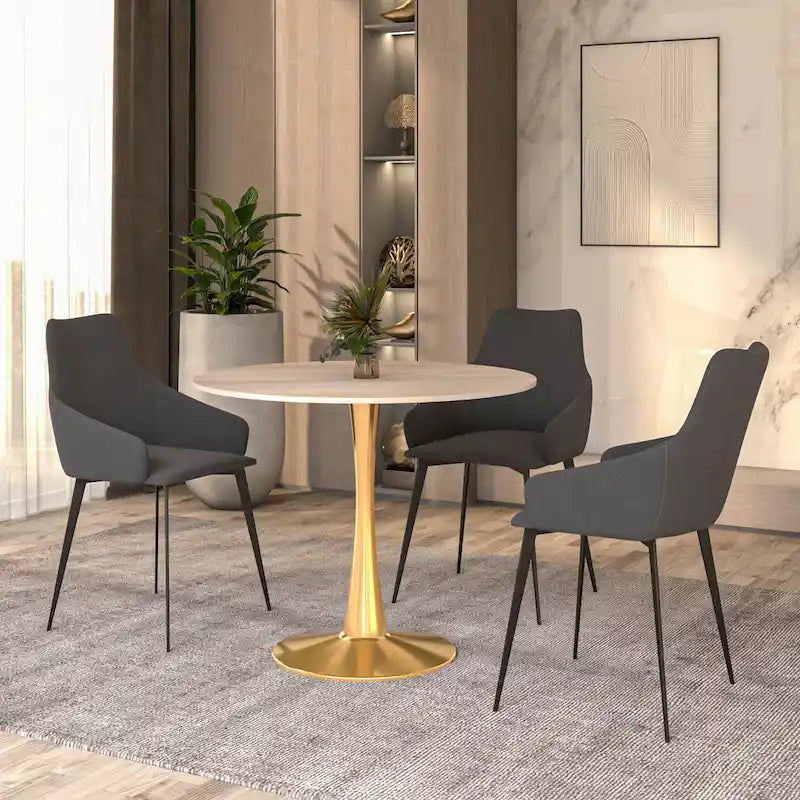 31 Round Dining Table for 4 with Sintered Stone Tabletop in Gold Steel Base for Kitchen & Dining Room