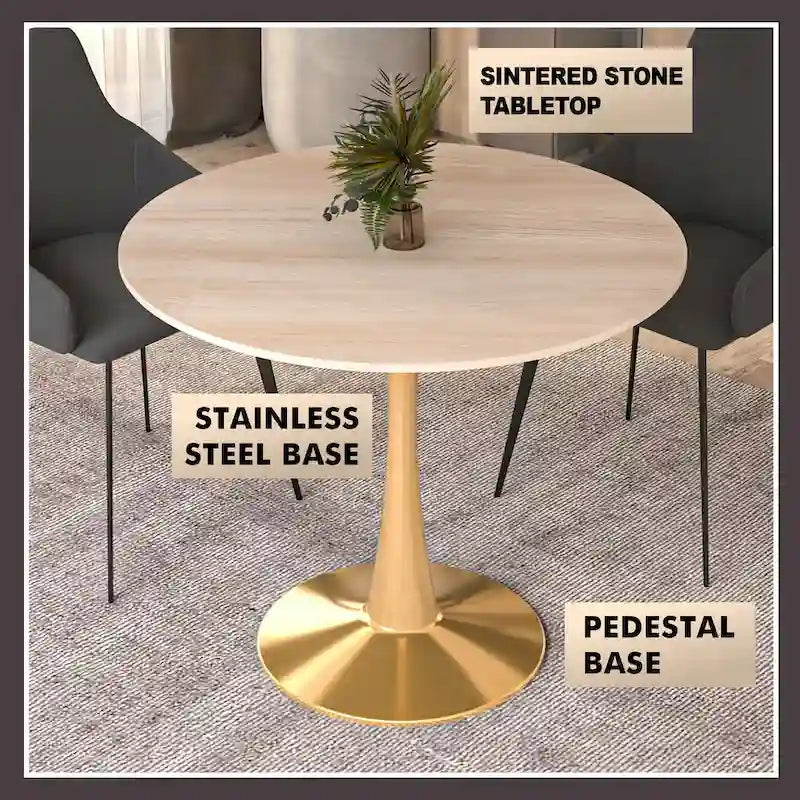 31 Round Dining Table for 4 with Sintered Stone Tabletop in Gold Steel Base for Kitchen & Dining Room