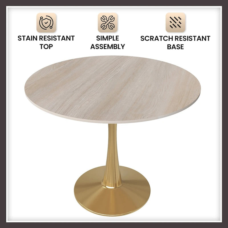 31 Round Dining Table for 4 with Sintered Stone Tabletop in Gold Steel Base for Kitchen & Dining Room
