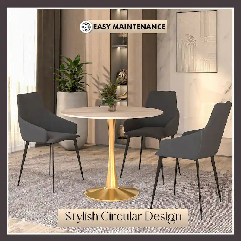 31 Round Dining Table for 4 with Sintered Stone Tabletop in Gold Steel Base for Kitchen & Dining Room