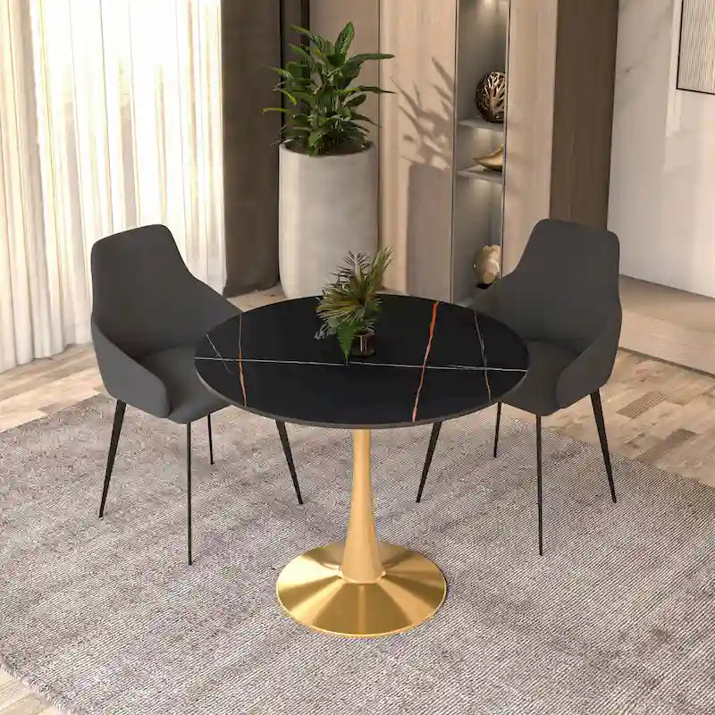 31 Round Dining Table for 4 with Sintered Stone Tabletop in Gold Steel Base for Kitchen & Dining Room