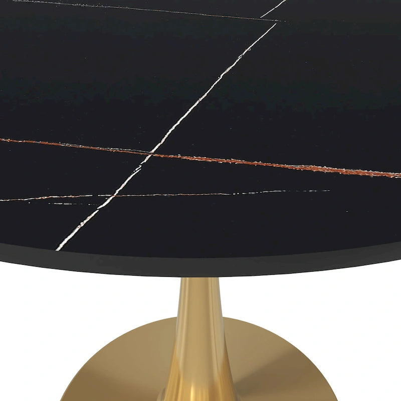 31 Round Dining Table for 4 with Sintered Stone Tabletop in Gold Steel Base for Kitchen & Dining Room
