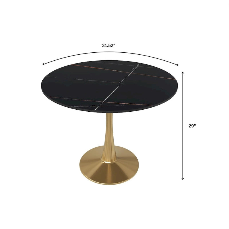 31 Round Dining Table for 4 with Sintered Stone Tabletop in Gold Steel Base for Kitchen & Dining Room