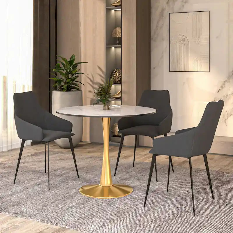 31 Round Dining Table for 4 with Sintered Stone Tabletop in Gold Steel Base for Kitchen & Dining Room