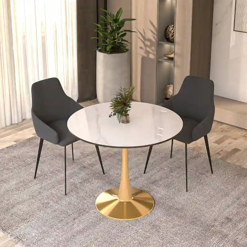 31 Round Dining Table for 4 with Sintered Stone Tabletop in Gold Steel Base for Kitchen & Dining Room