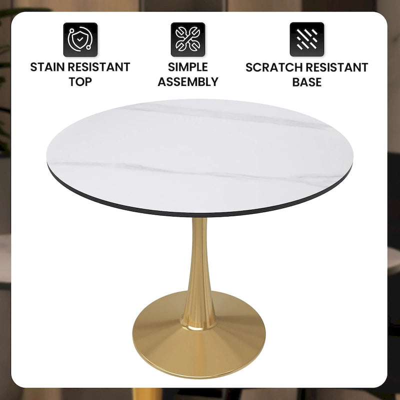 31 Round Dining Table for 4 with Sintered Stone Tabletop in Gold Steel Base for Kitchen & Dining Room