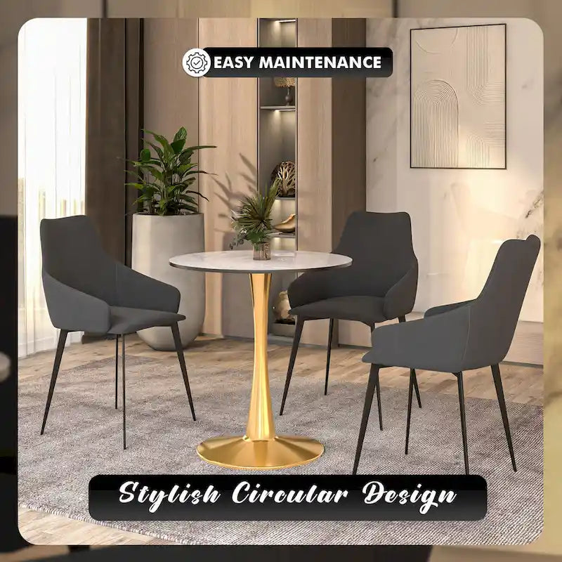 31 Round Dining Table for 4 with Sintered Stone Tabletop in Gold Steel Base for Kitchen & Dining Room