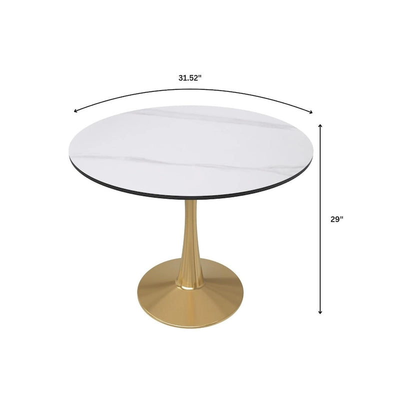 31 Round Dining Table for 4 with Sintered Stone Tabletop in Gold Steel Base for Kitchen & Dining Room