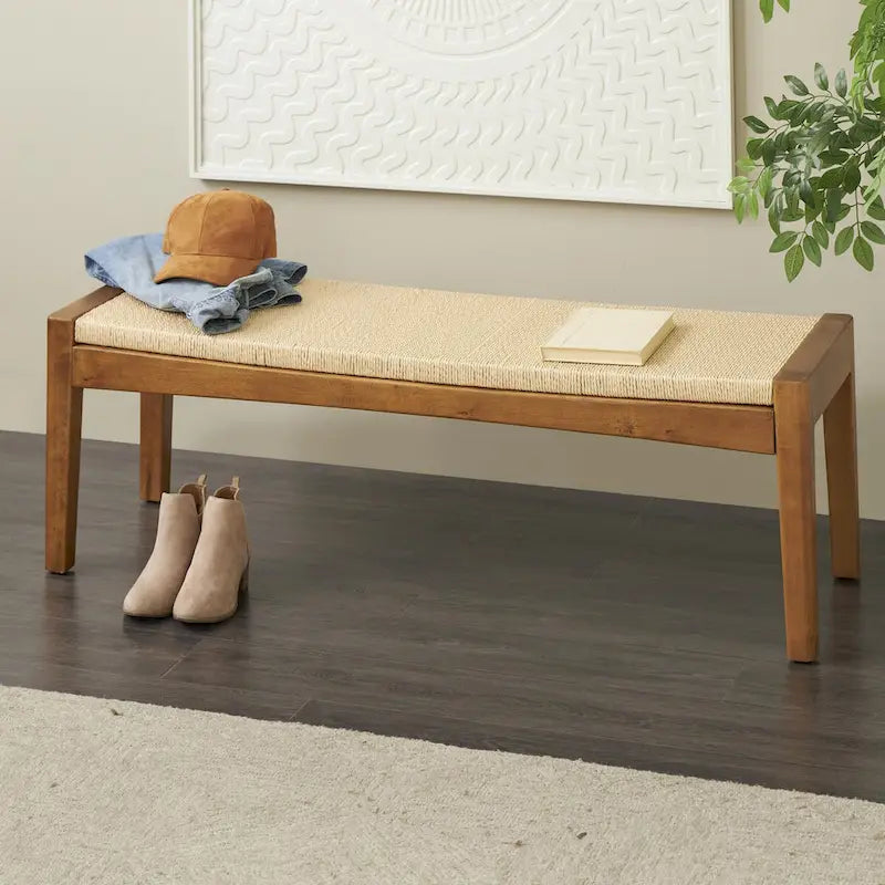 Wood Handmade Traditional Home Bench with Rope Wrapped Seat - Brown