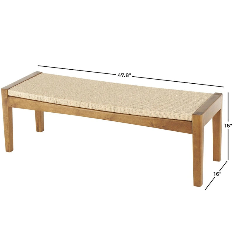 Wood Handmade Traditional Home Bench with Rope Wrapped Seat - Brown