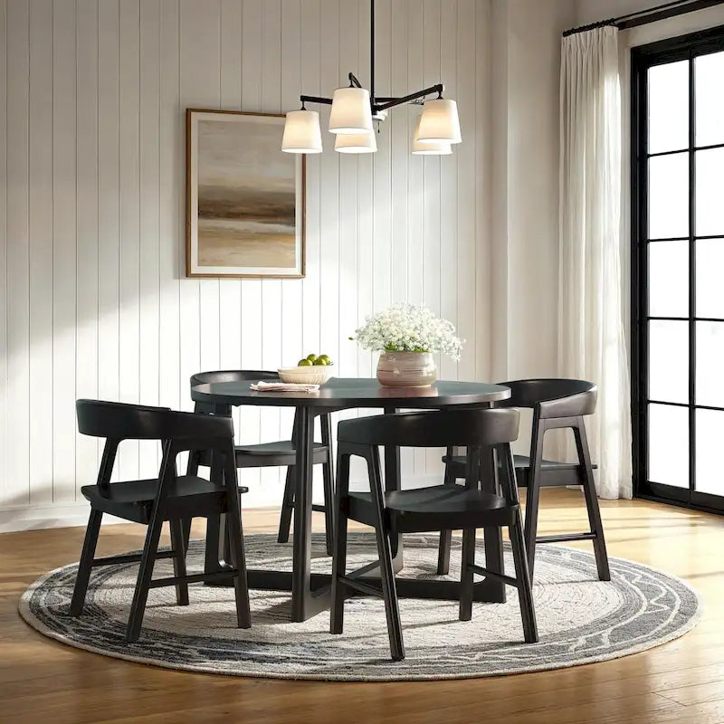 Modern Round Solid Rubberwood Dining Table with Geometric Legs Seats Four