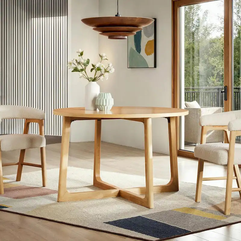 Modern Round Solid Wood Dining Table With Geometric Legs